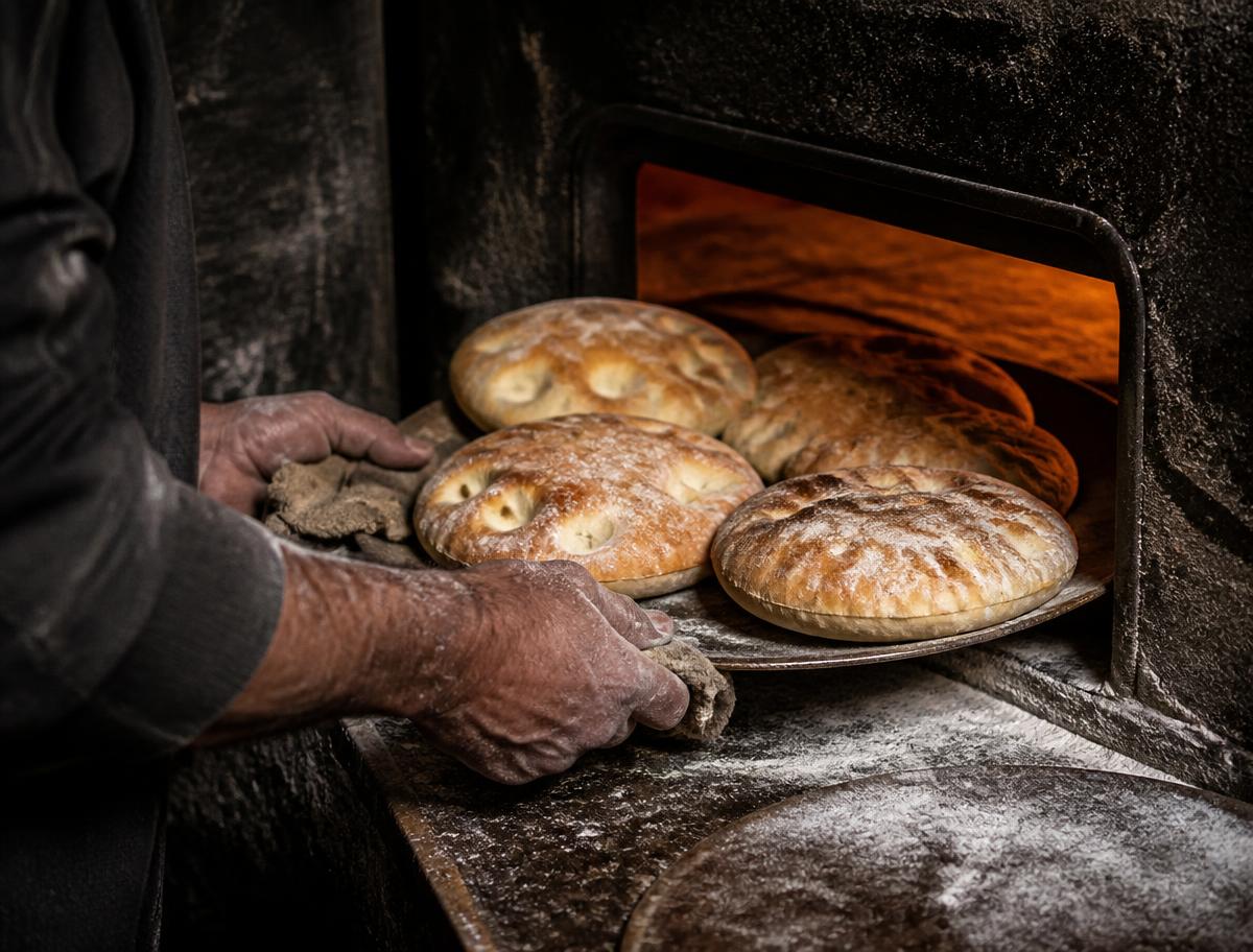 Frisch gebackenes Fladenbrot wird aus dem Ofen genommen (Platzhalterbild)